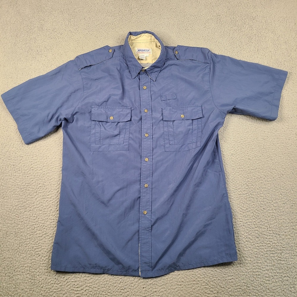 Sportif USA Fishing Shirt Mens Large Blue Nylon Safari Short Sleeve Vented